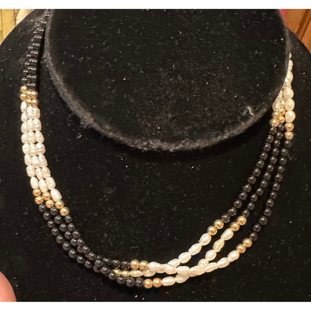 Black Onyx Rice Pearls 14k Gold Bead 3 Strand Necklace Choker 16"
